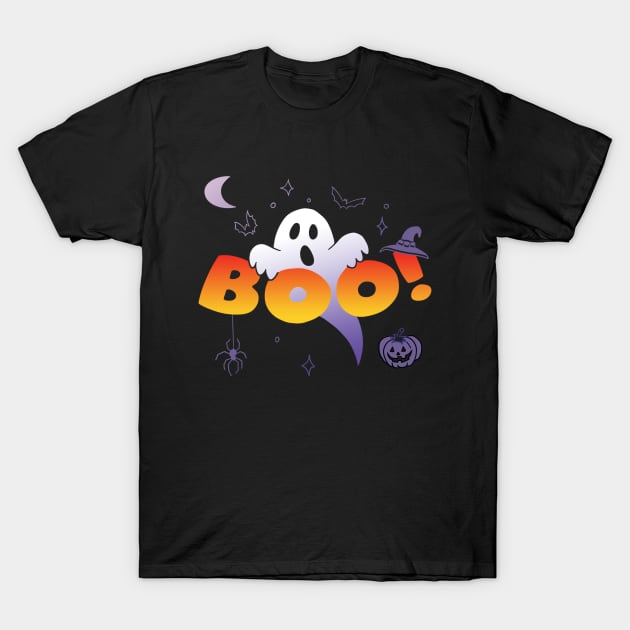 Spooky and Cute Halloween Ghost behind Boo Text T-Shirt by Pixel On Fire